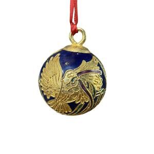Vintage Cloisonné Christmas Ornament Ball Blue & Gold Dove Birds 1.75"